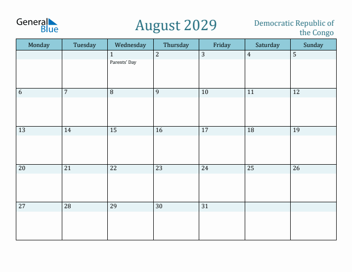 August 2029 Calendar with Holidays