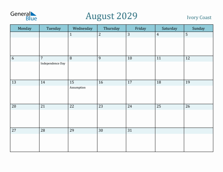 August 2029 Calendar with Holidays