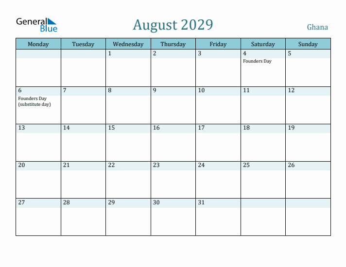 August 2029 Calendar with Holidays