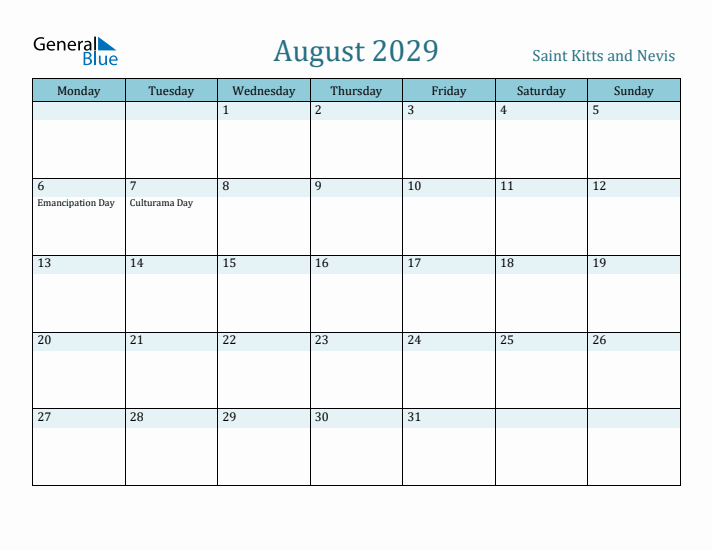 August 2029 Calendar with Holidays