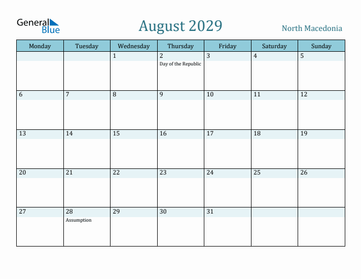 August 2029 Calendar with Holidays