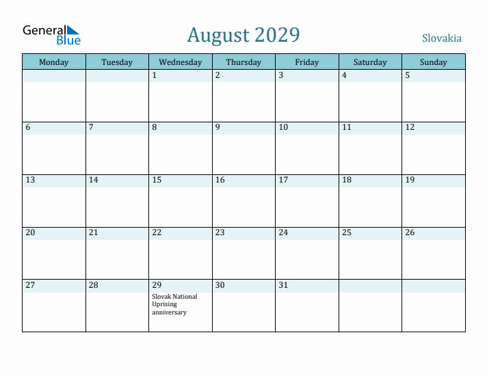 August 2029 Calendar with Holidays