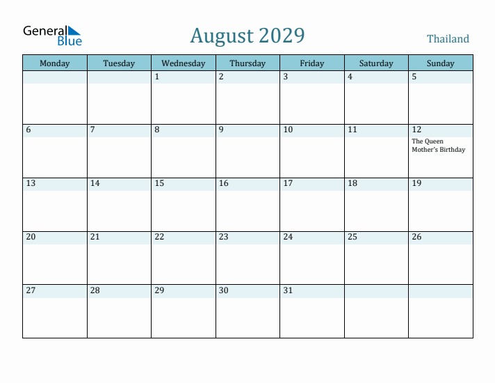 August 2029 Calendar with Holidays