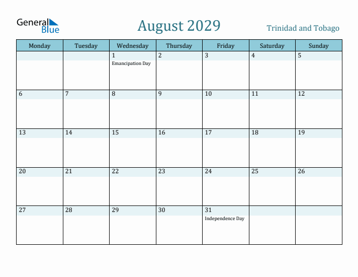 August 2029 Calendar with Holidays