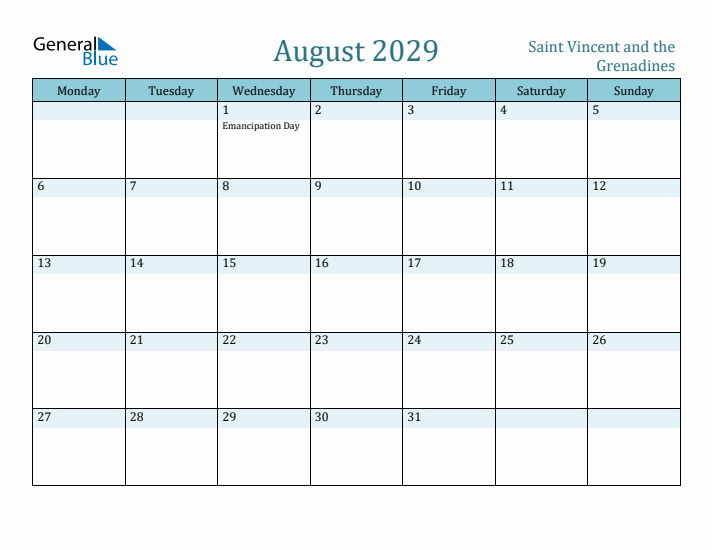 August 2029 Calendar with Holidays