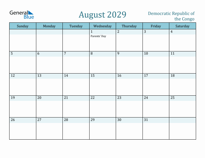 August 2029 Calendar with Holidays