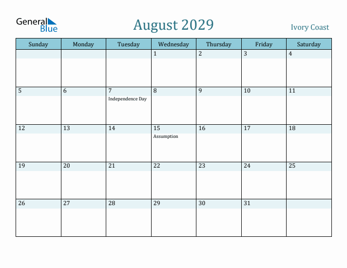 August 2029 Calendar with Holidays