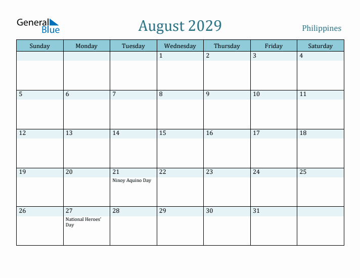 August 2029 Calendar with Holidays