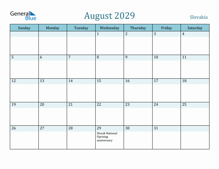 August 2029 Calendar with Holidays