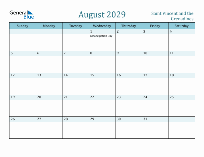 August 2029 Calendar with Holidays