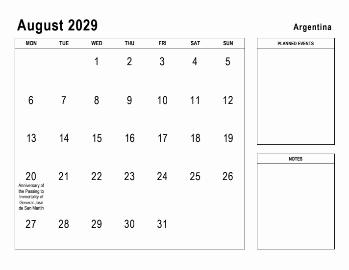 August 2029 Printable Monthly Calendar with Argentina Holidays