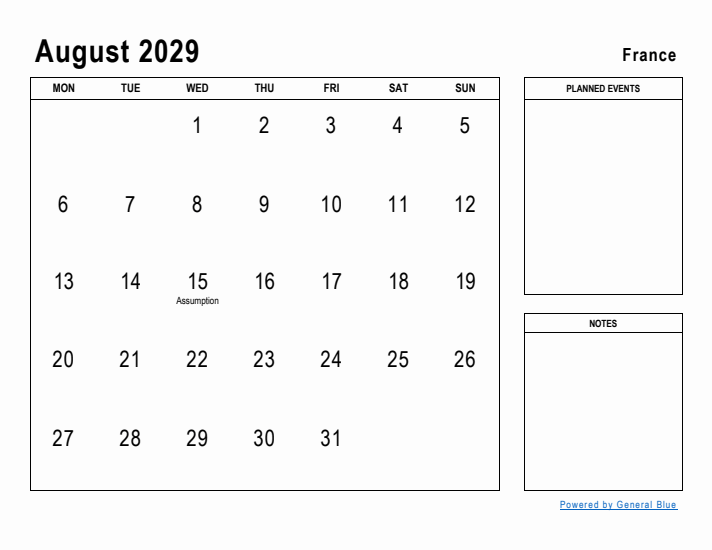 August 2029 Printable Monthly Calendar with France Holidays