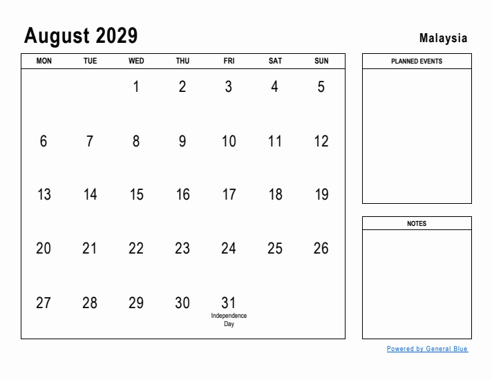 August 2029 Printable Monthly Calendar with Malaysia Holidays