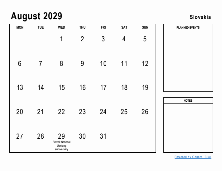 August 2029 Printable Monthly Calendar with Slovakia Holidays