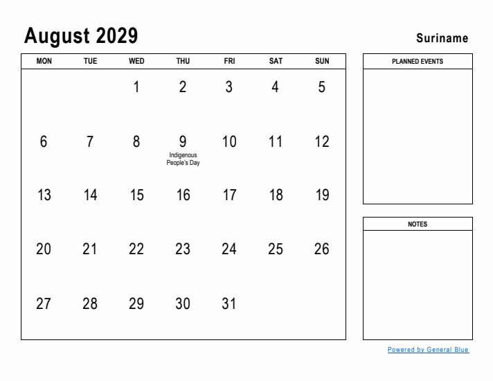 August 2029 Printable Monthly Calendar with Suriname Holidays