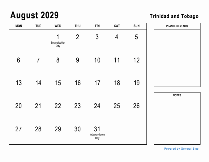 August 2029 Printable Monthly Calendar with Trinidad and Tobago Holidays