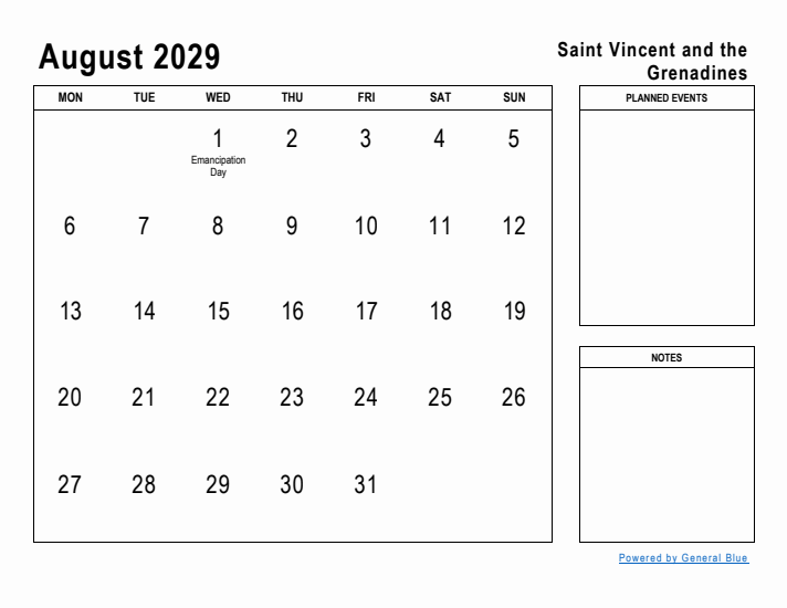 August 2029 Printable Monthly Calendar with Saint Vincent and the Grenadines Holidays