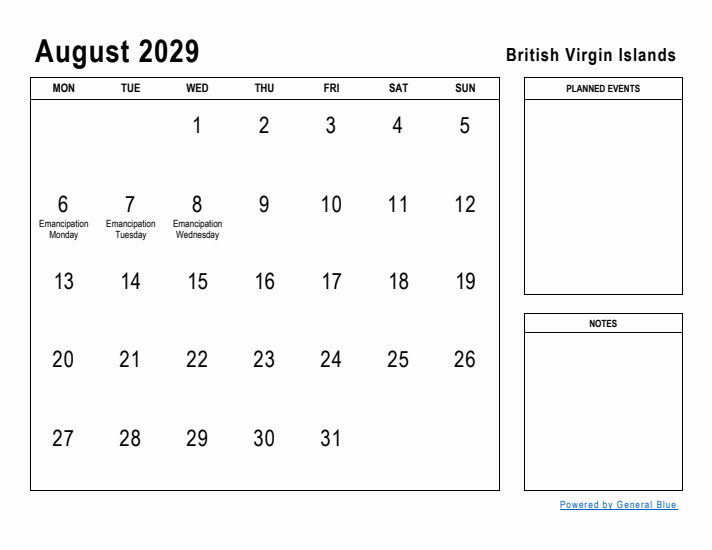 August 2029 Printable Monthly Calendar with British Virgin Islands Holidays