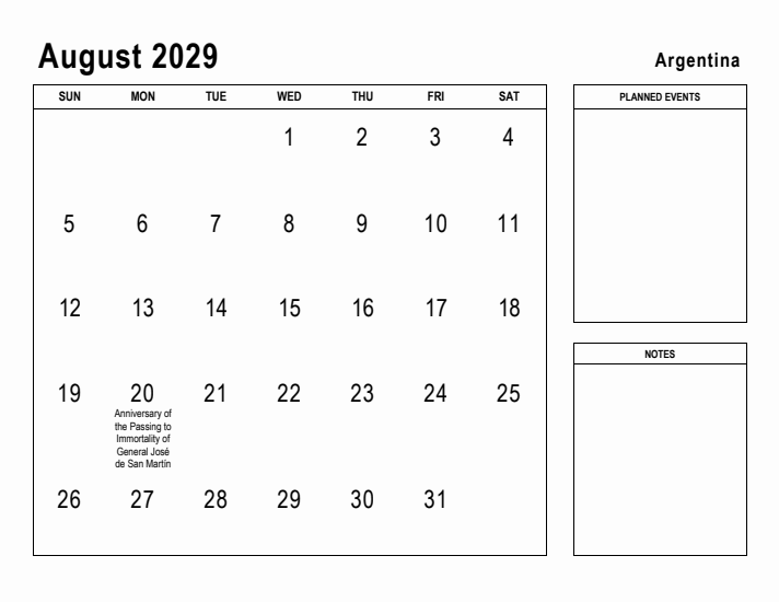 August 2029 Printable Monthly Calendar with Argentina Holidays