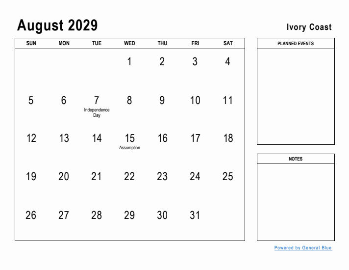 August 2029 Printable Monthly Calendar with Ivory Coast Holidays