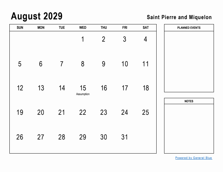 August 2029 Printable Monthly Calendar with Saint Pierre and Miquelon Holidays