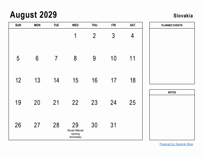August 2029 Printable Monthly Calendar with Slovakia Holidays