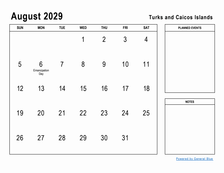 August 2029 Printable Monthly Calendar with Turks and Caicos Islands Holidays