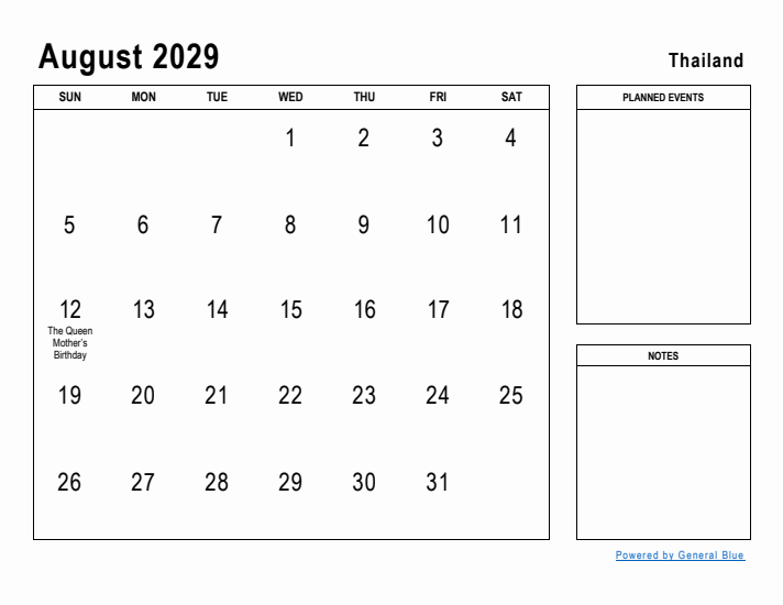 August 2029 Printable Monthly Calendar with Thailand Holidays