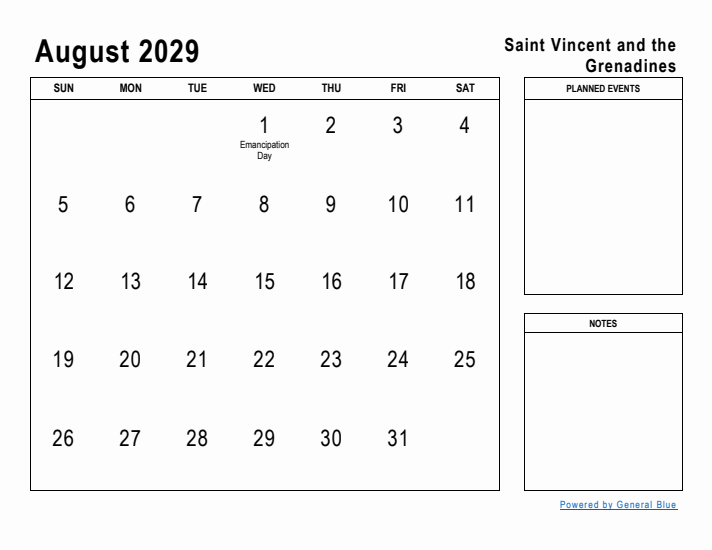 August 2029 Printable Monthly Calendar with Saint Vincent and the Grenadines Holidays