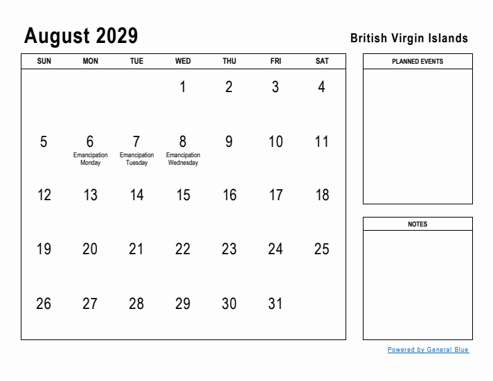 August 2029 Printable Monthly Calendar with British Virgin Islands Holidays