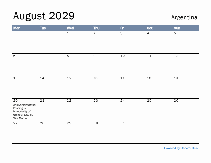 August 2029 Simple Monthly Calendar for Argentina