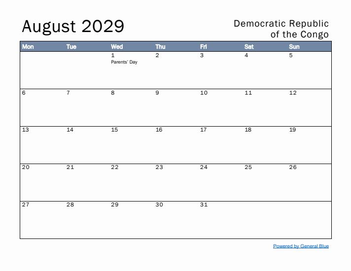August 2029 Simple Monthly Calendar for Democratic Republic of the Congo