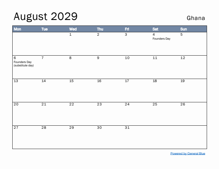 August 2029 Simple Monthly Calendar for Ghana