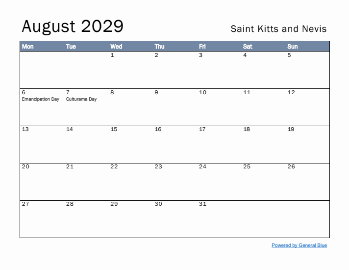 August 2029 Simple Monthly Calendar for Saint Kitts and Nevis