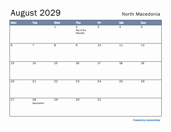 August 2029 Simple Monthly Calendar for North Macedonia