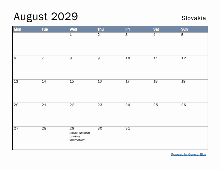 August 2029 Simple Monthly Calendar for Slovakia