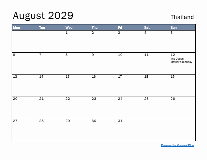 August 2029 Simple Monthly Calendar for Thailand