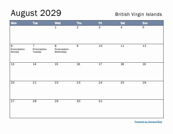 August 2029 Simple Monthly Calendar for British Virgin Islands