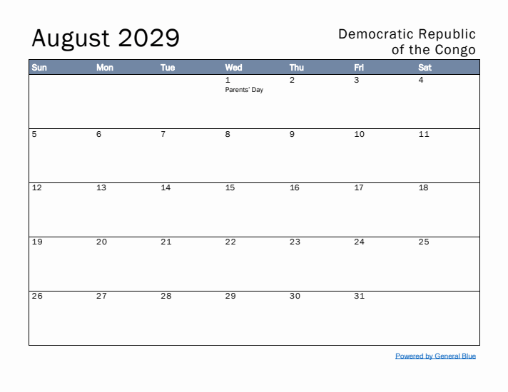 August 2029 Simple Monthly Calendar for Democratic Republic of the Congo