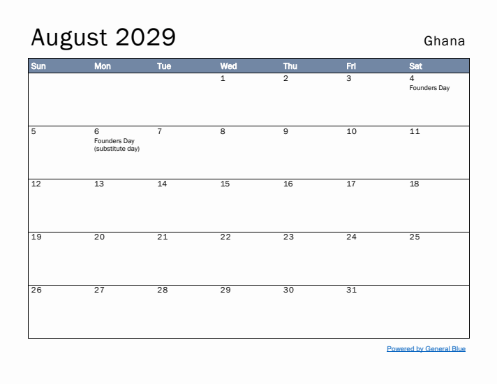 August 2029 Simple Monthly Calendar for Ghana