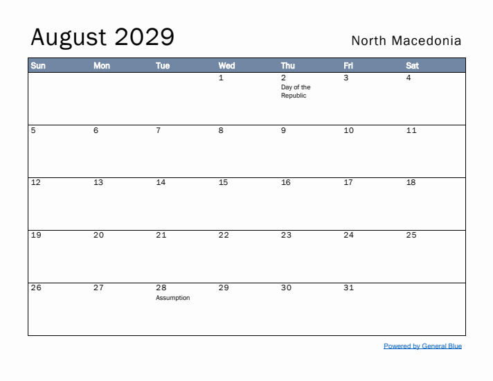 August 2029 Simple Monthly Calendar for North Macedonia