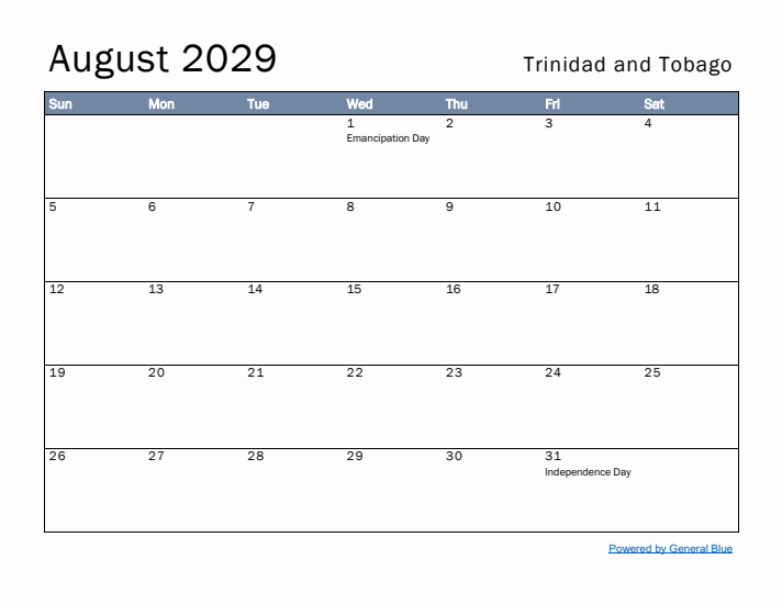 August 2029 Simple Monthly Calendar for Trinidad and Tobago