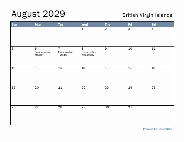 August 2029 Simple Monthly Calendar for British Virgin Islands