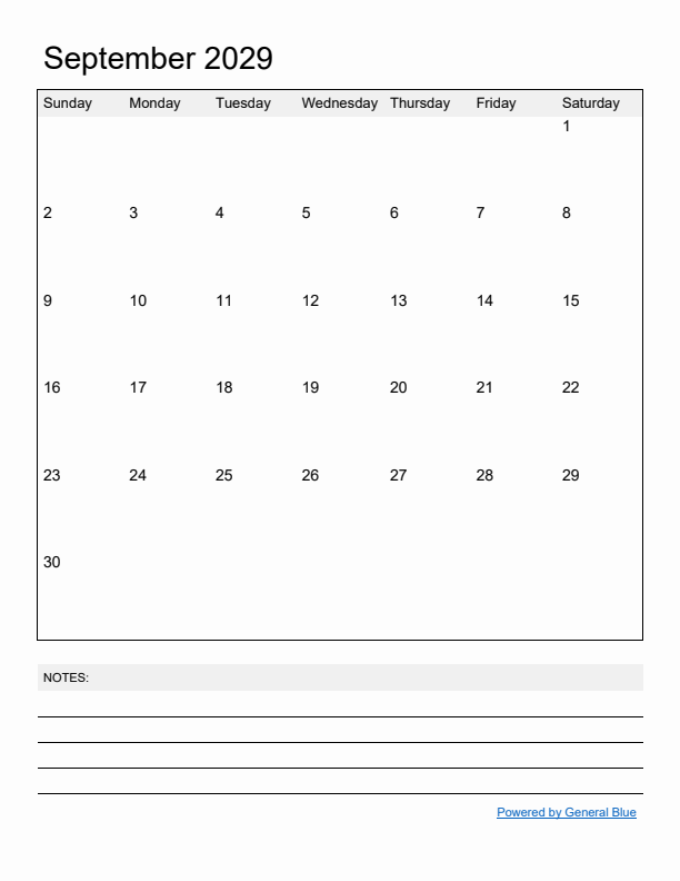 Basic Monthly Calendar Template for September 2029