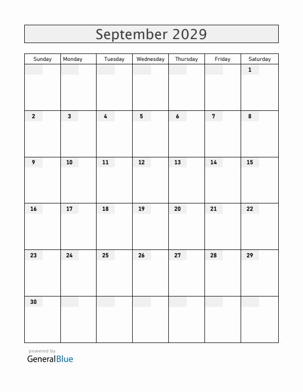 Blank September 2029 Calendar
