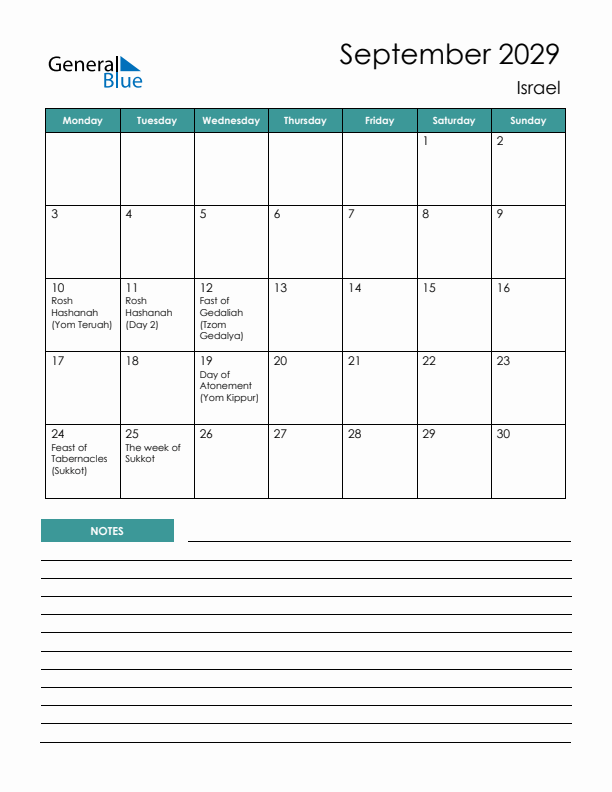 Calendar with Notes Printable - Monday Start