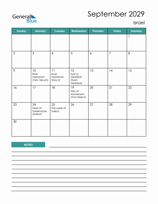 Calendar with Notes Printable - Sunday Start