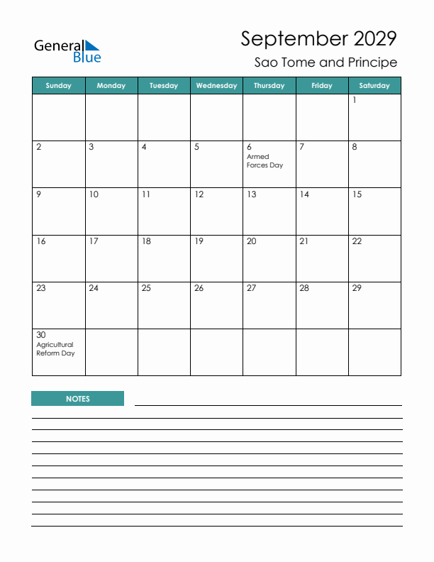 Calendar with Notes Printable - Sunday Start