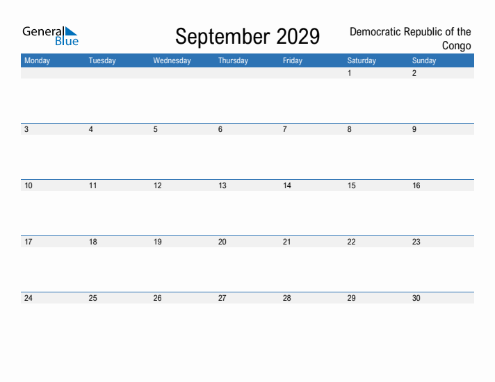 Fillable September 2029 Calendar