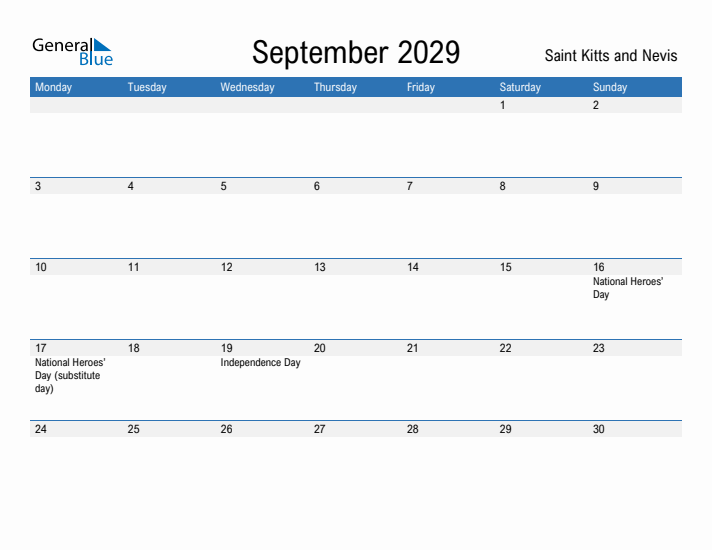 Fillable September 2029 Calendar